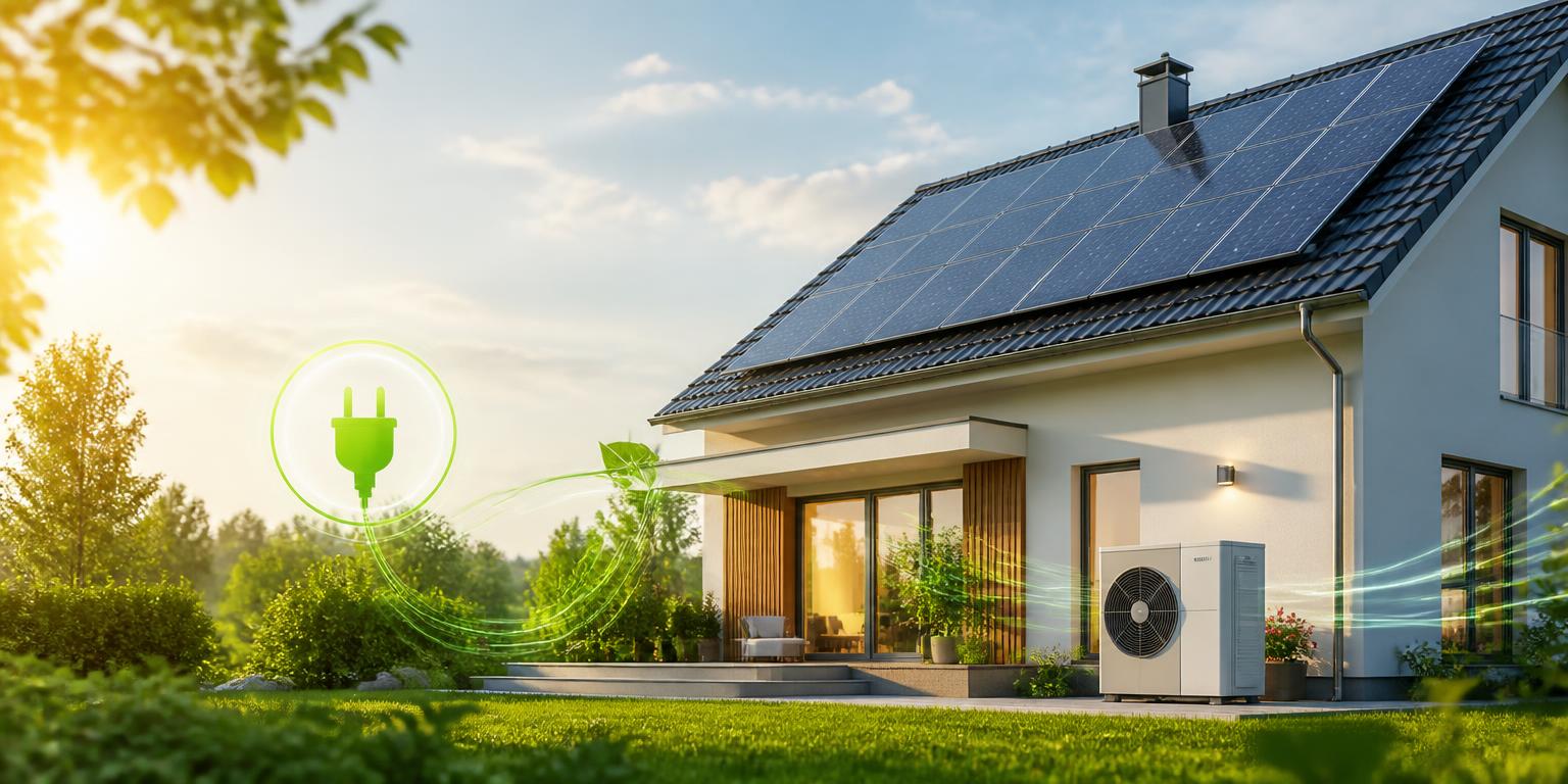 Modernes Einfamilienhaus mit Solaranlage, Wärmepumpe und grüner Energievisualisierung